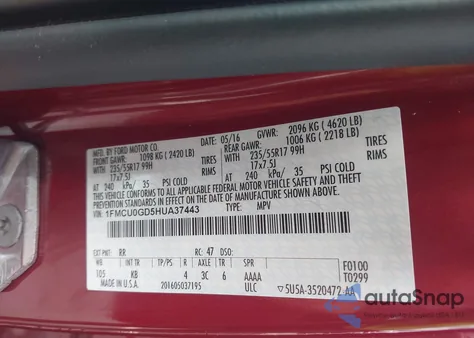 2017 Ford Escape Se from USA, damaged, VIN 1FMCU0GD5HUA37443